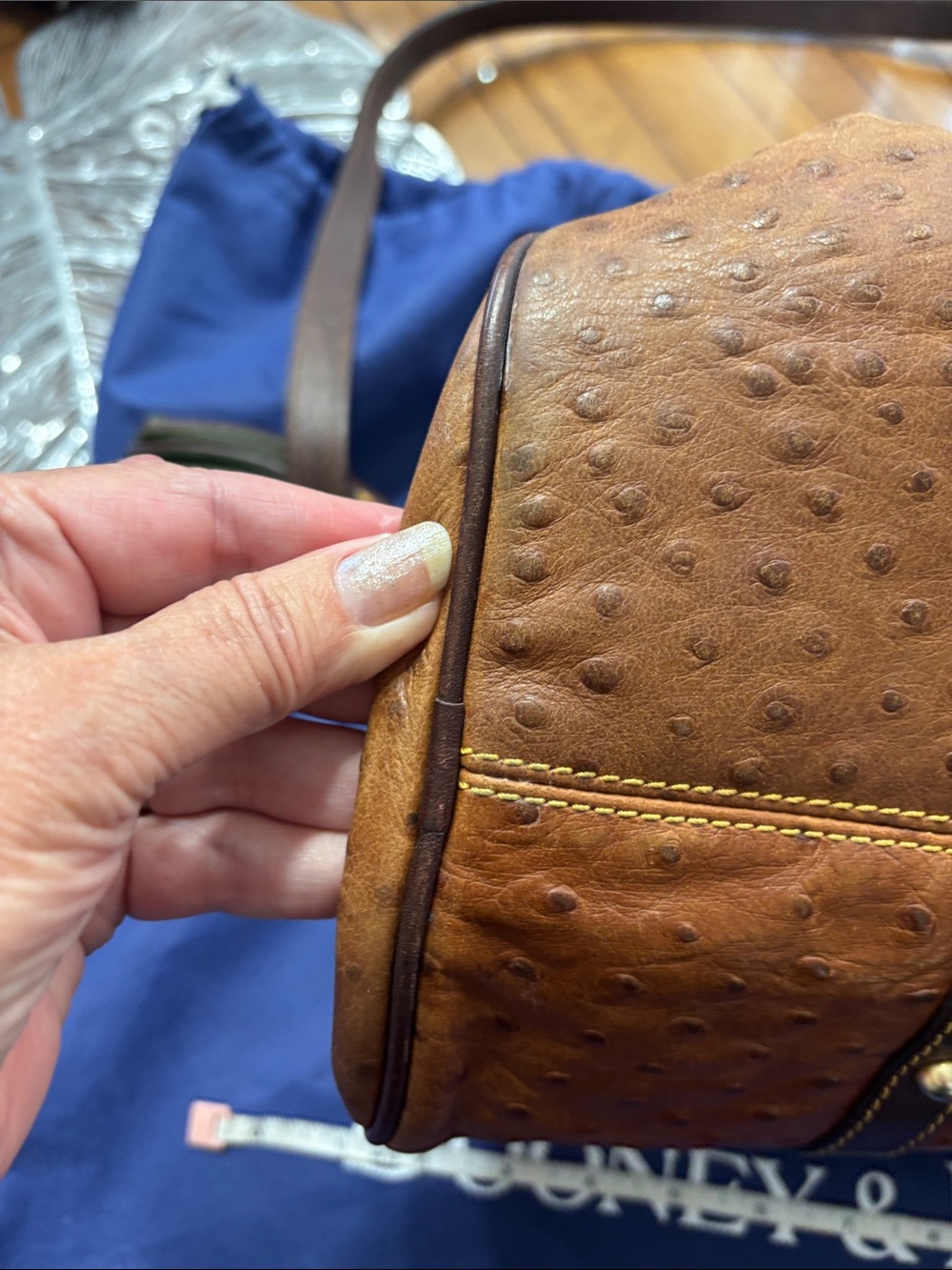 Dooney & Bourke Brown Ostrich-Effect Satchel with Dark Brown Trim - Picture 2 of 16